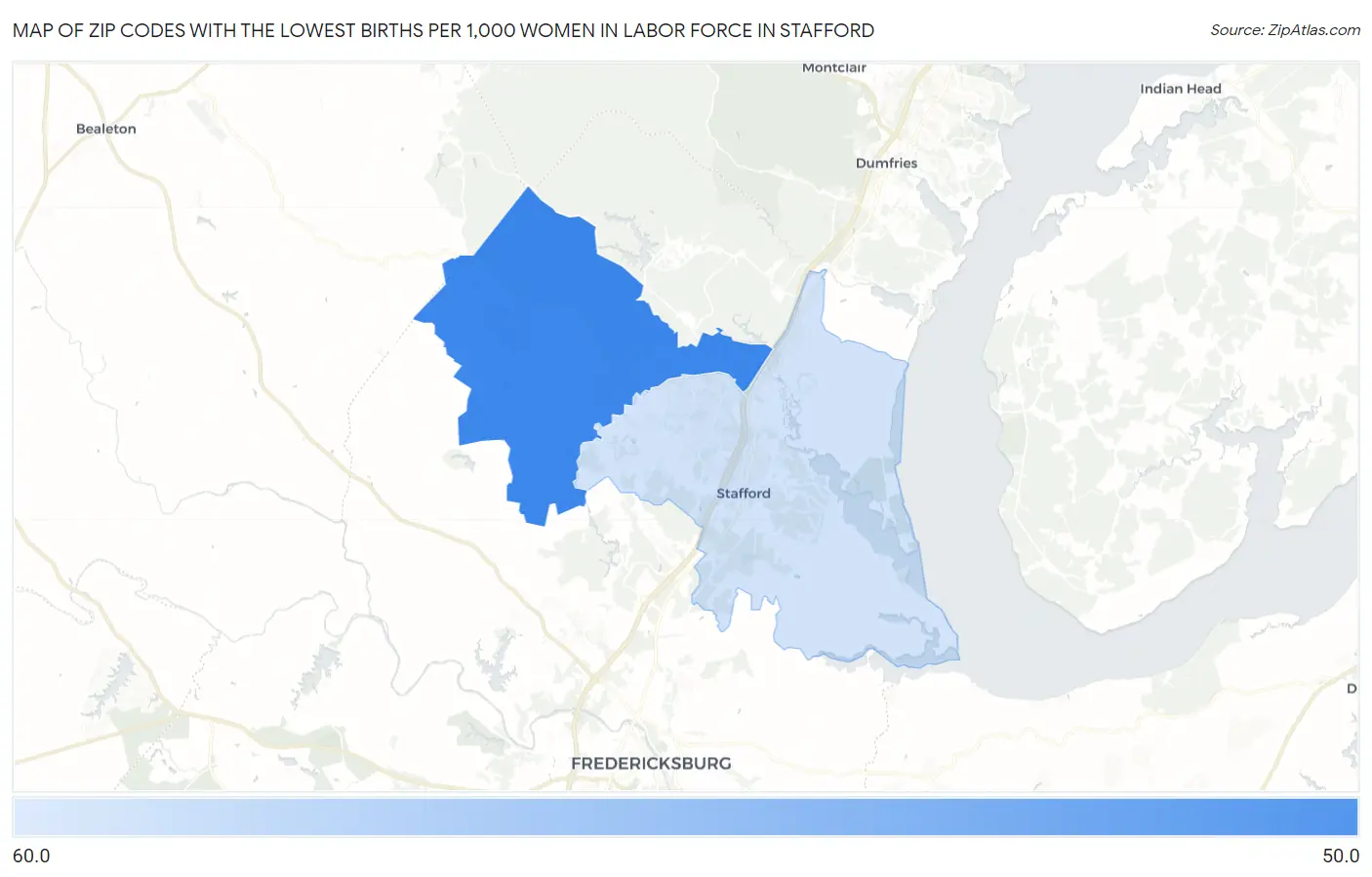 Zip Codes with the Lowest Births per 1,000 Women in Labor Force in Stafford Map