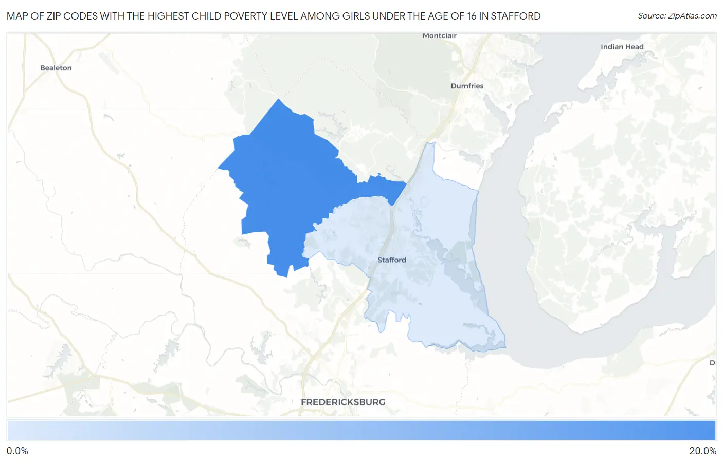 Zip Codes with the Highest Child Poverty Level Among Girls Under the Age of 16 in Stafford Map