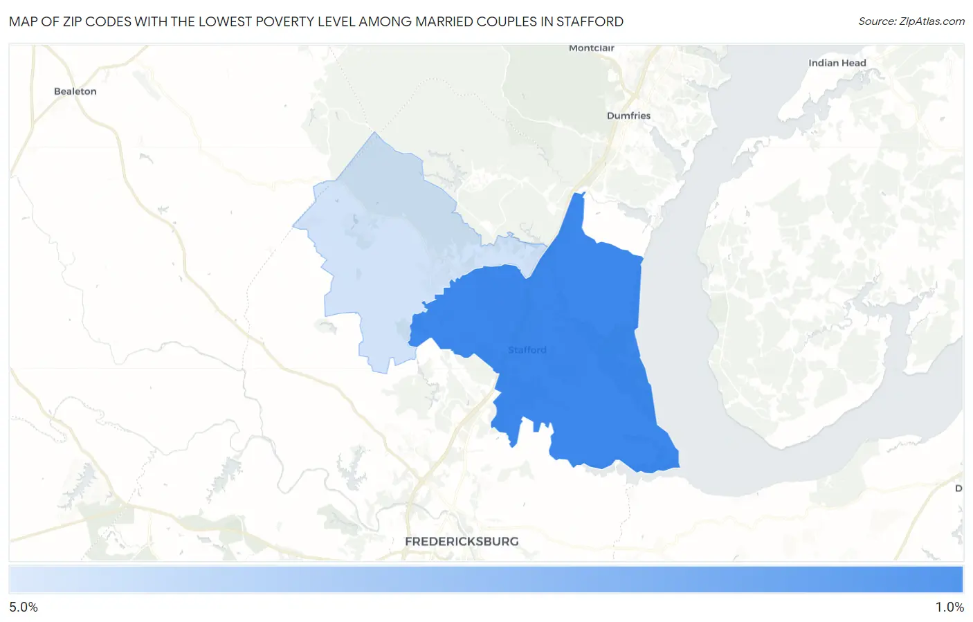 Zip Codes with the Lowest Poverty Level Among Married Couples in Stafford Map