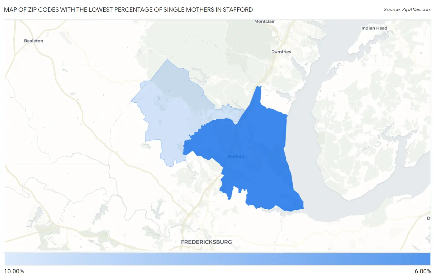 Zip Codes with the Lowest Percentage of Single Mothers in Stafford Map