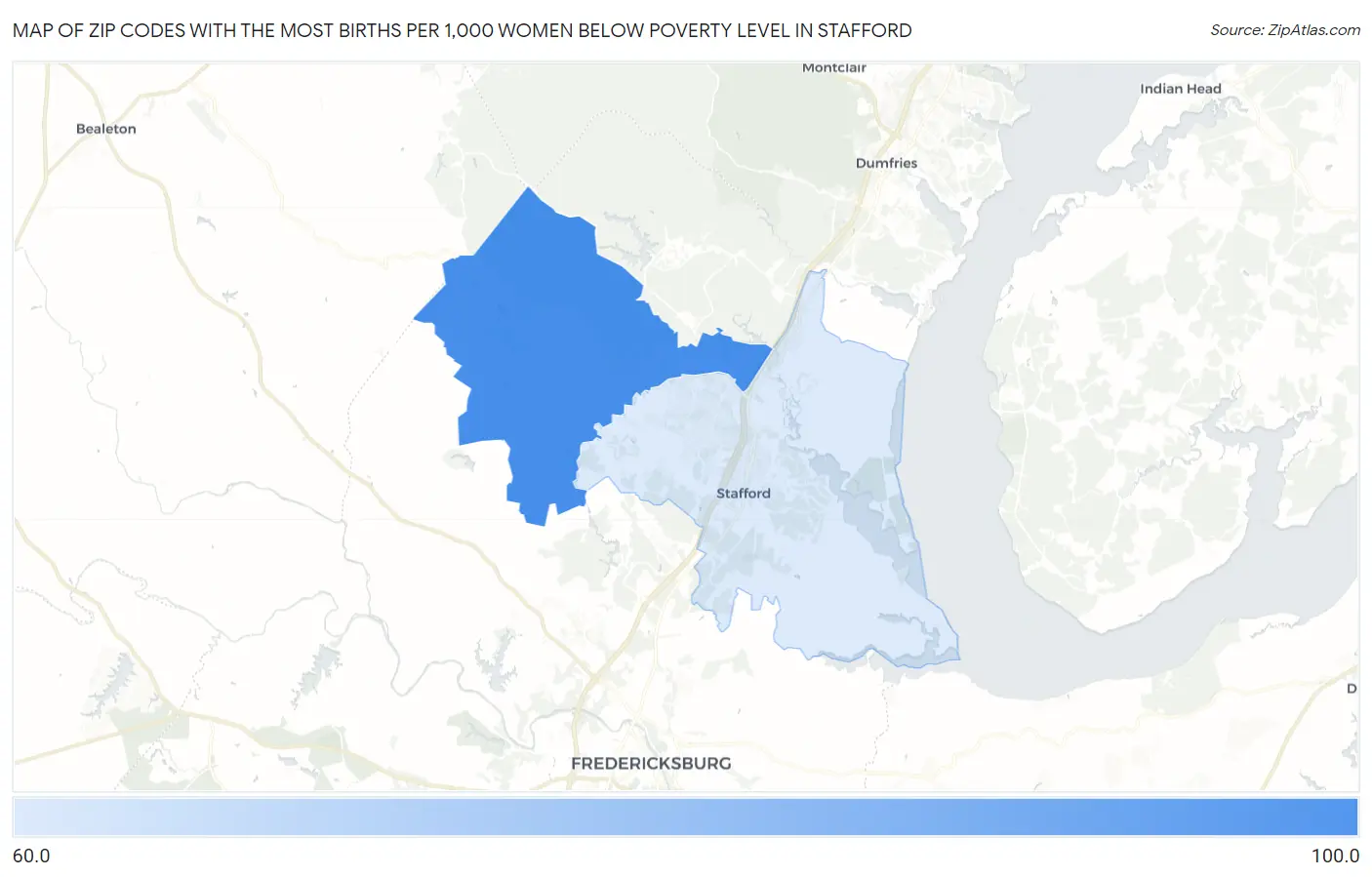 Zip Codes with the Most Births per 1,000 Women Below Poverty Level in Stafford Map