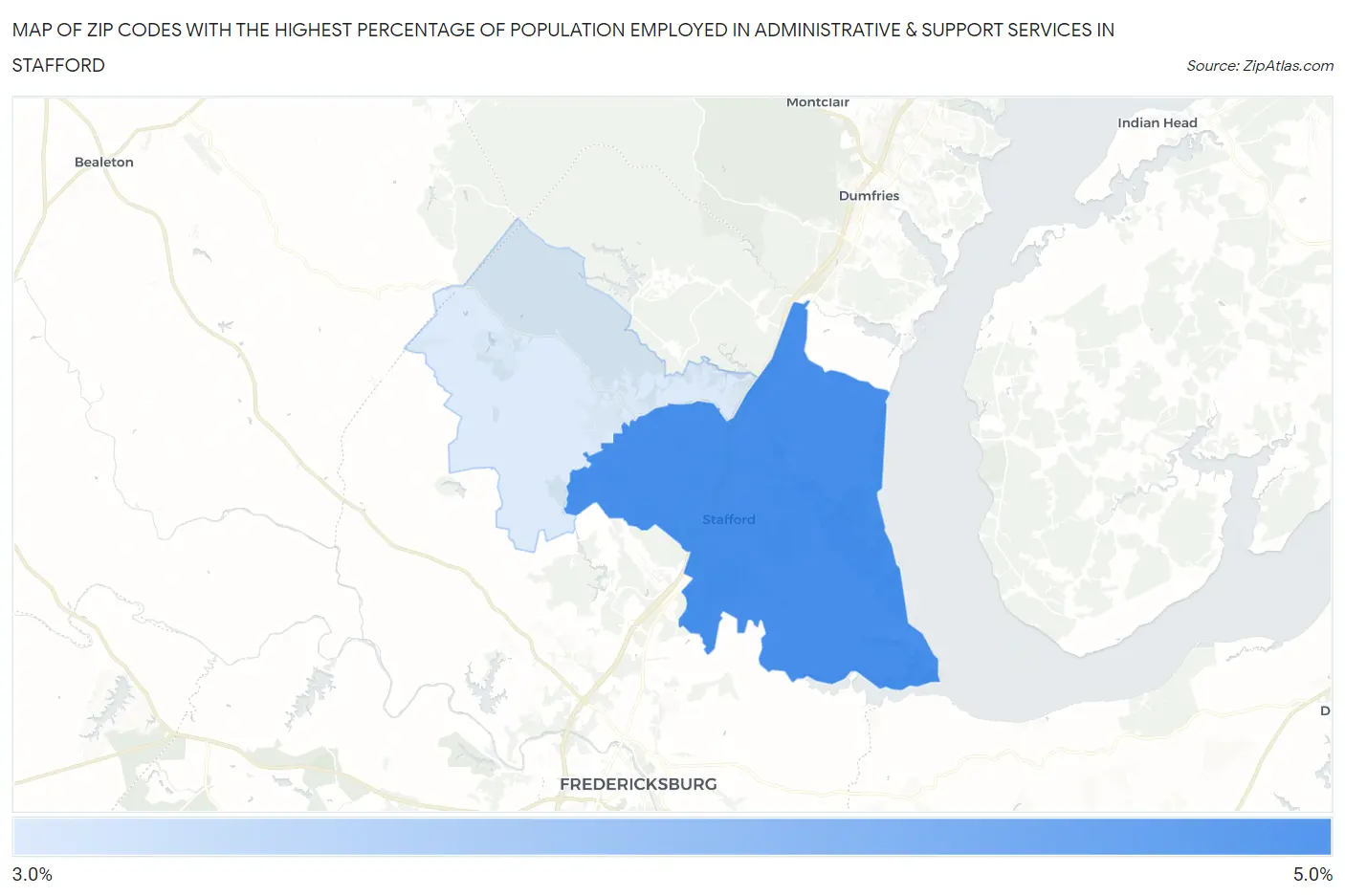 Zip Codes with the Highest Percentage of Population Employed in Administrative & Support Services in Stafford Map
