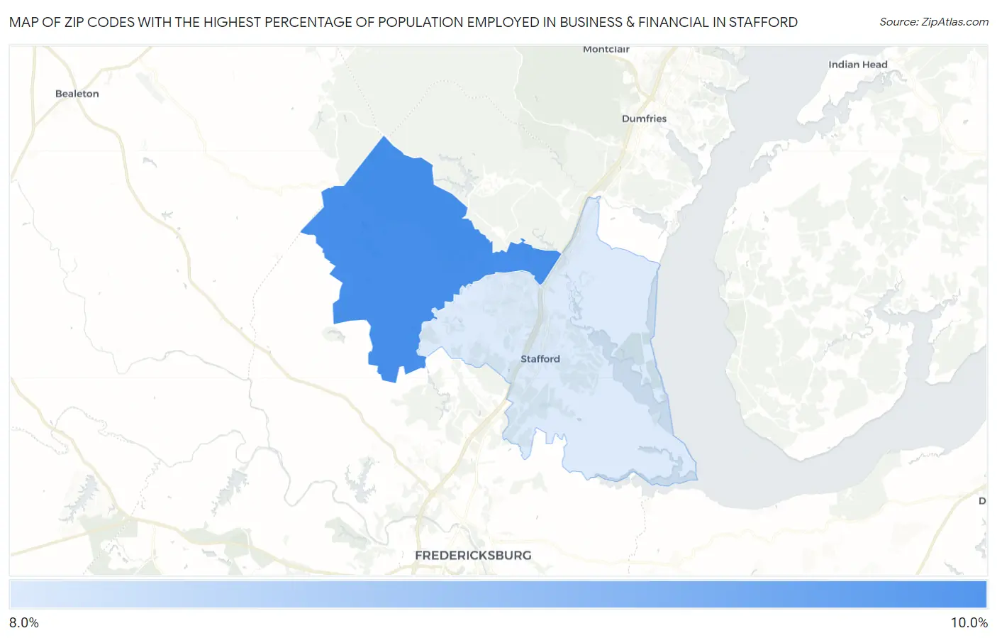 Zip Codes with the Highest Percentage of Population Employed in Business & Financial in Stafford Map