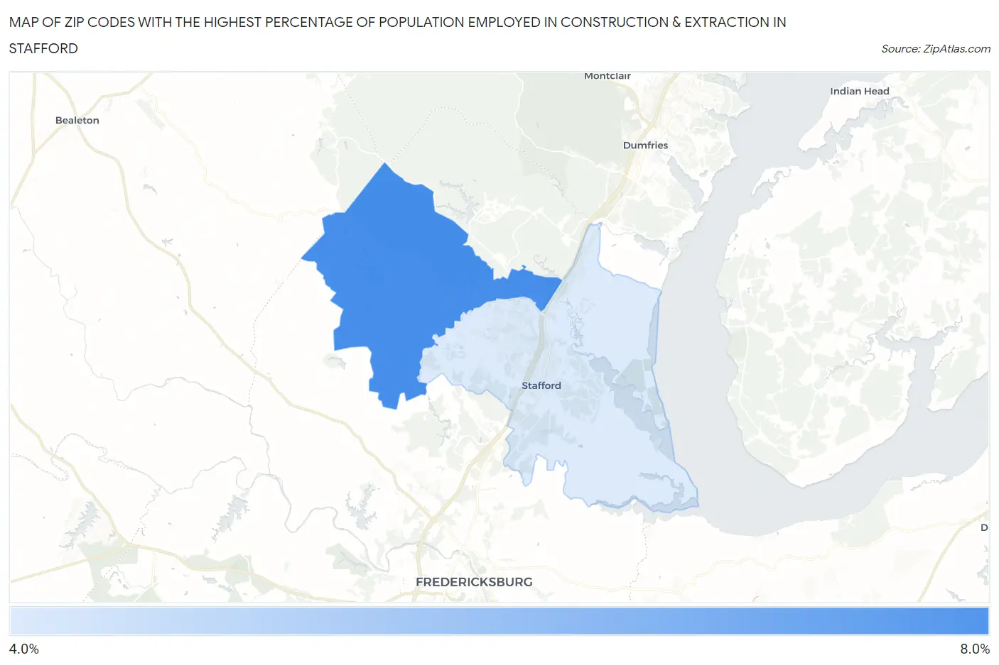 Zip Codes with the Highest Percentage of Population Employed in Construction & Extraction in Stafford Map