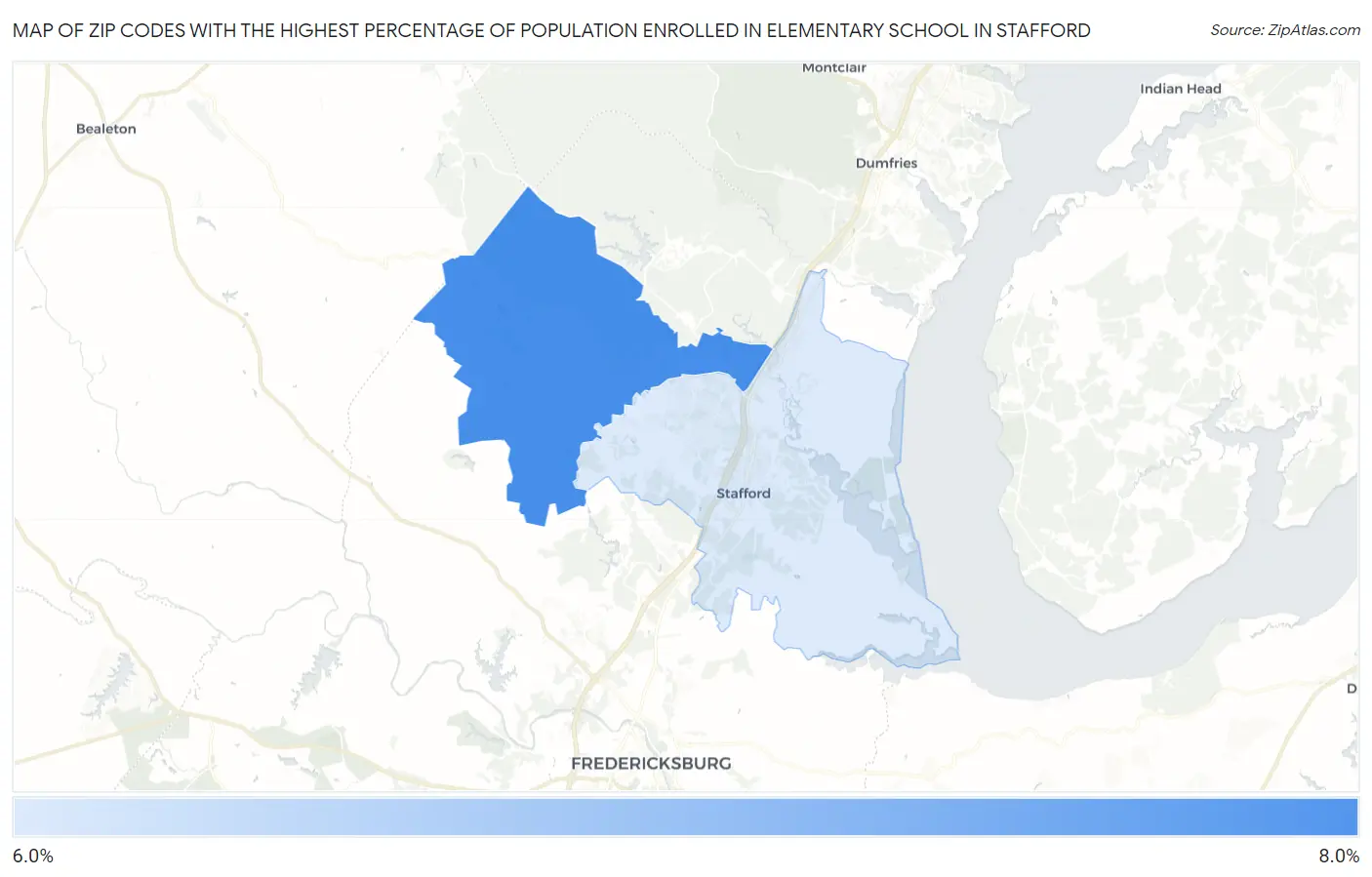 Zip Codes with the Highest Percentage of Population Enrolled in Elementary School in Stafford Map