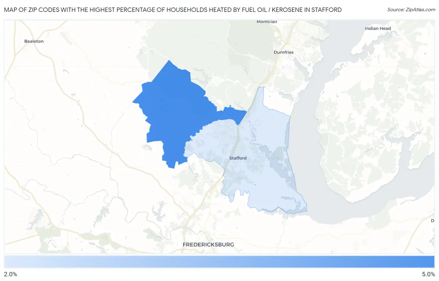 Zip Codes with the Highest Percentage of Households Heated by Fuel Oil / Kerosene in Stafford Map