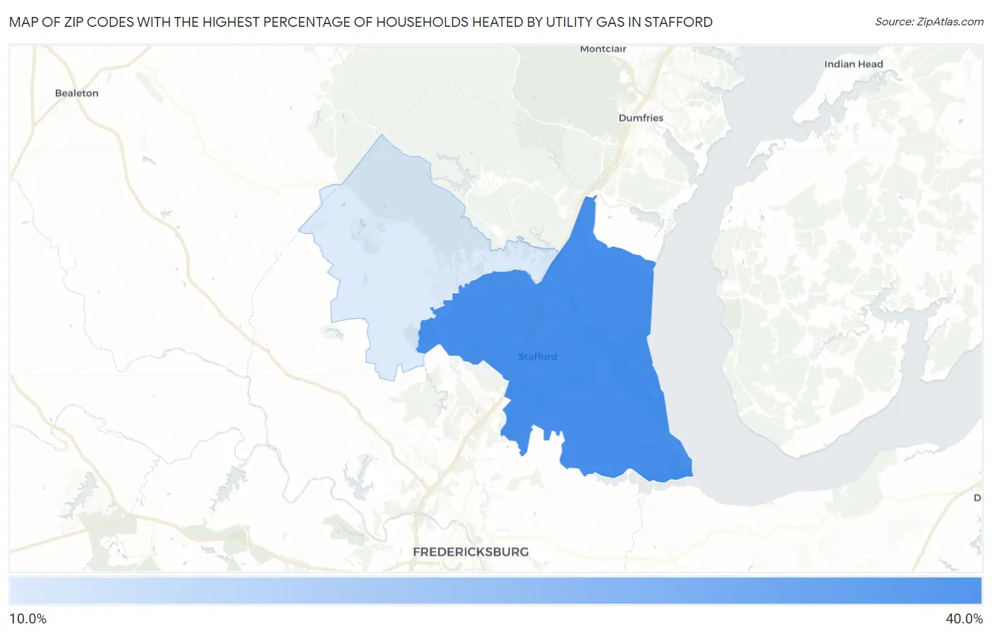 Zip Codes with the Highest Percentage of Households Heated by Utility Gas in Stafford Map