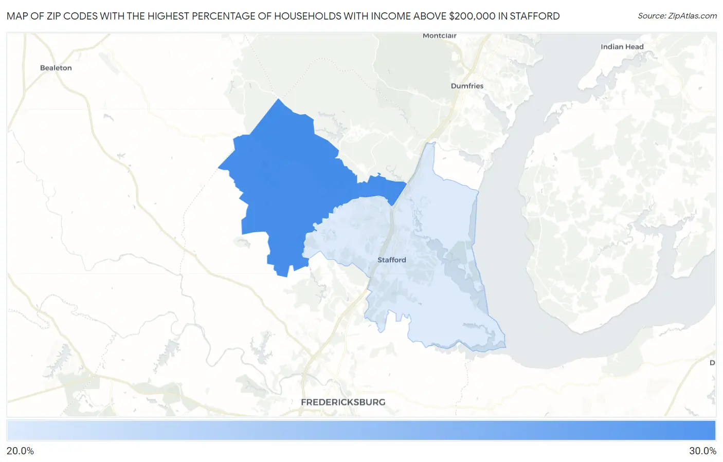 Zip Codes with the Highest Percentage of Households with Income Above $200,000 in Stafford Map