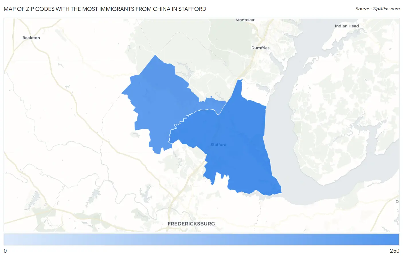 Zip Codes with the Most Immigrants from China in Stafford Map