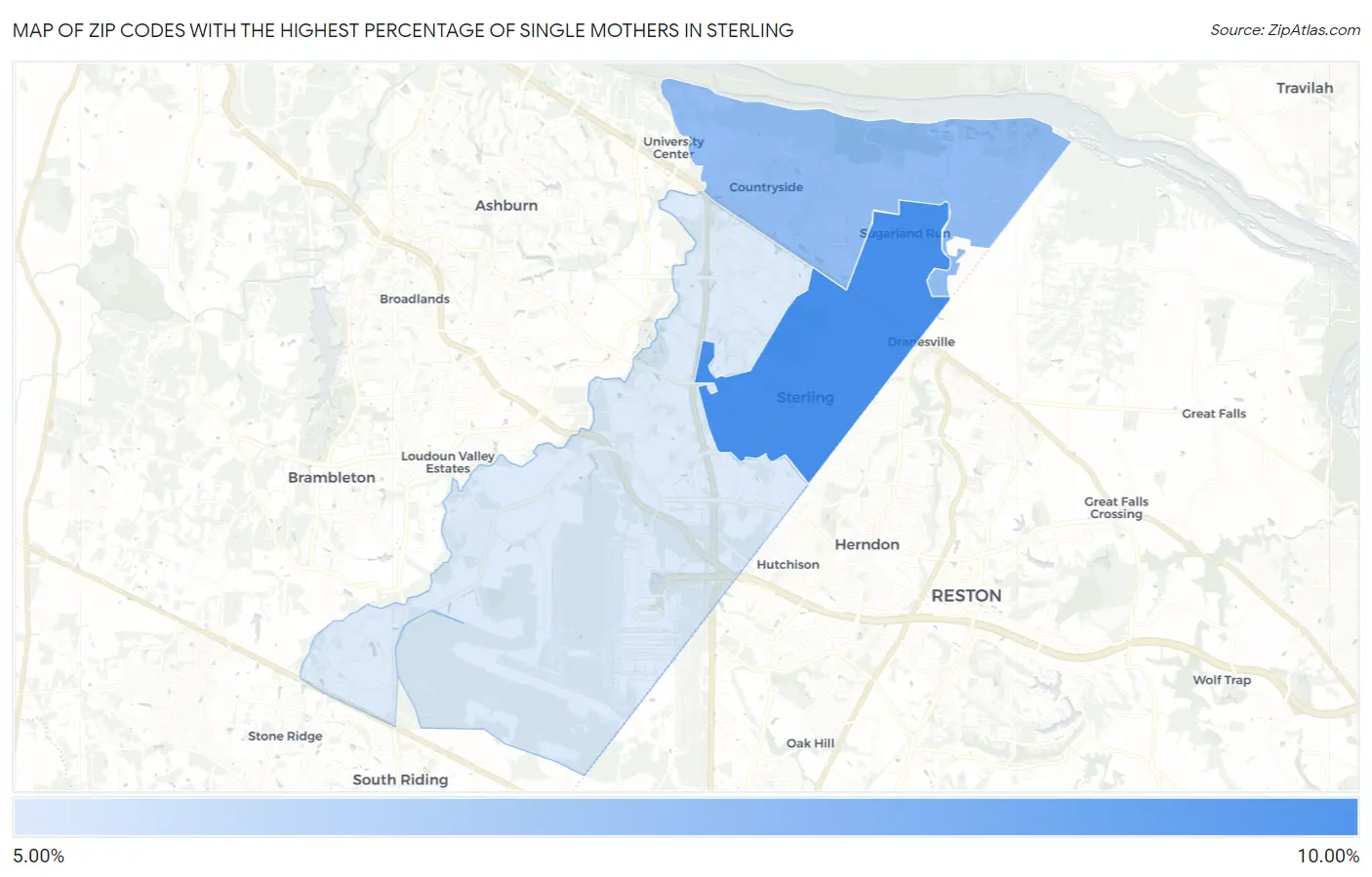 Zip Codes with the Highest Percentage of Single Mothers in Sterling Map