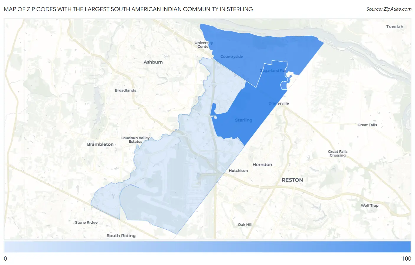 Zip Codes with the Largest South American Indian Community in Sterling Map