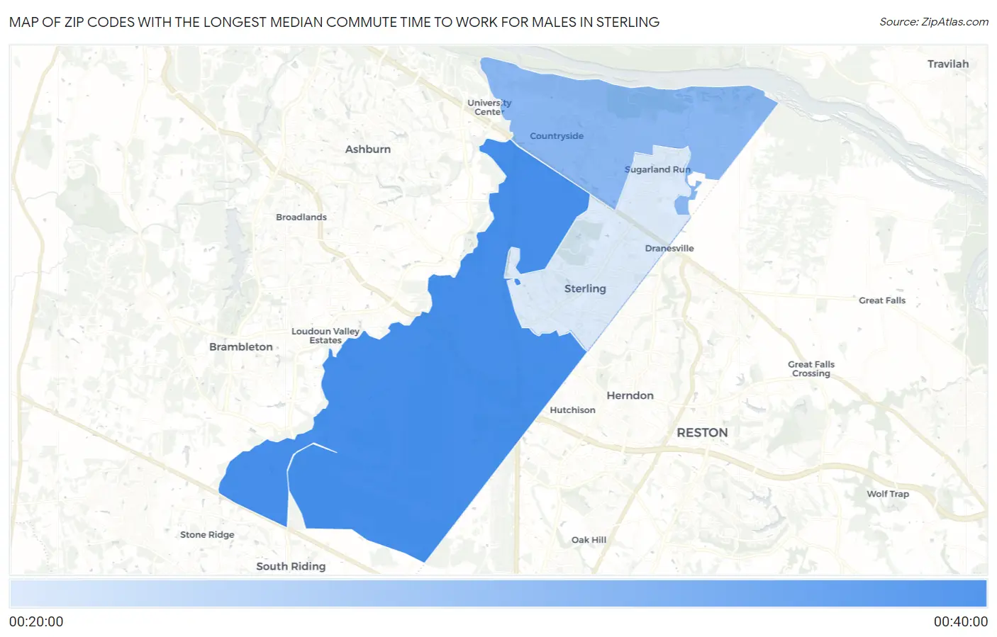 Zip Codes with the Longest Median Commute Time to Work for Males in Sterling Map