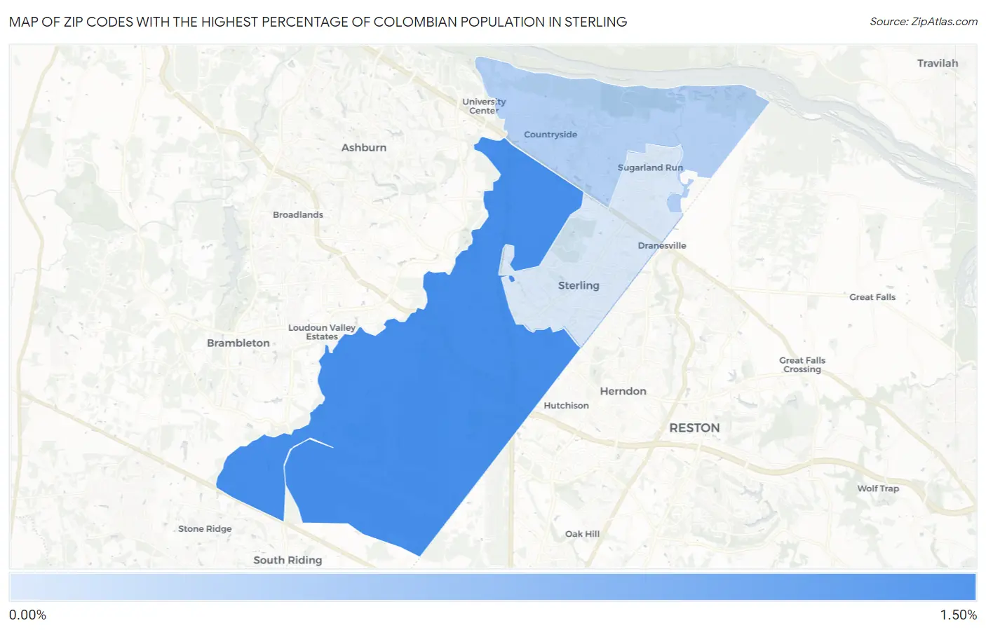 Zip Codes with the Highest Percentage of Colombian Population in Sterling Map