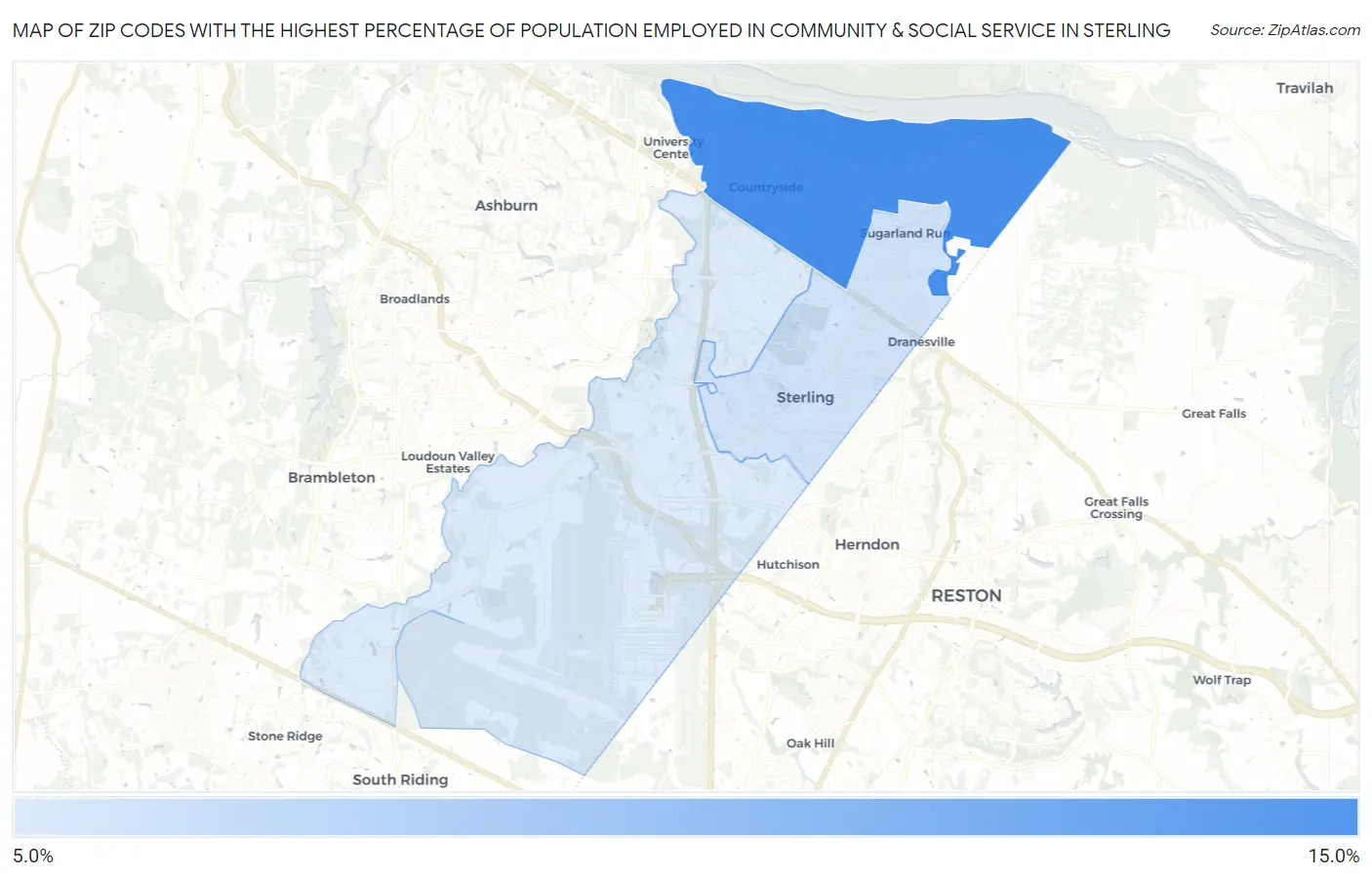 Zip Codes with the Highest Percentage of Population Employed in Community & Social Service  in Sterling Map