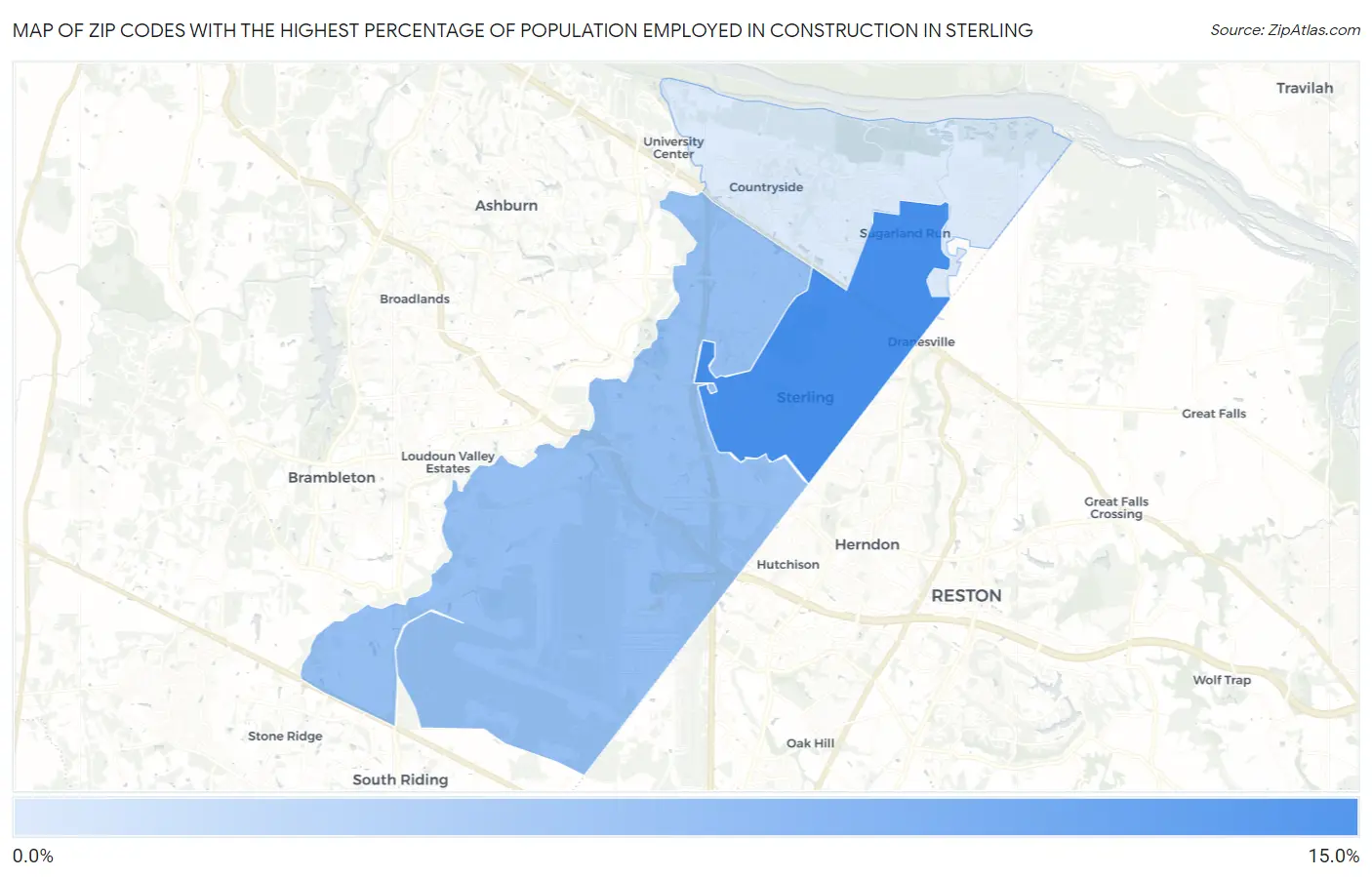 Zip Codes with the Highest Percentage of Population Employed in Construction in Sterling Map
