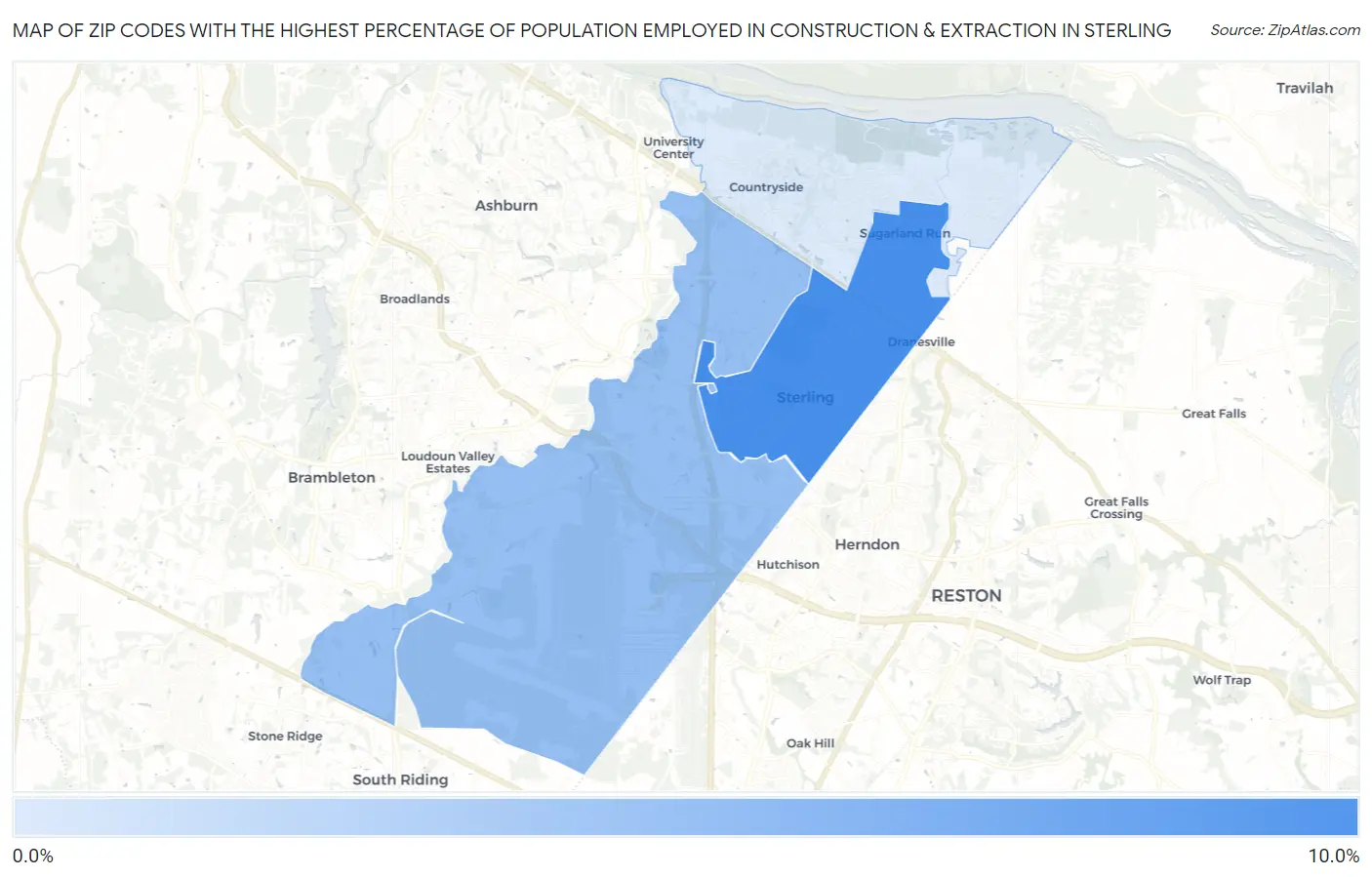 Zip Codes with the Highest Percentage of Population Employed in Construction & Extraction in Sterling Map