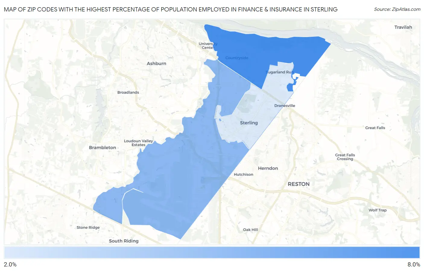 Zip Codes with the Highest Percentage of Population Employed in Finance & Insurance in Sterling Map