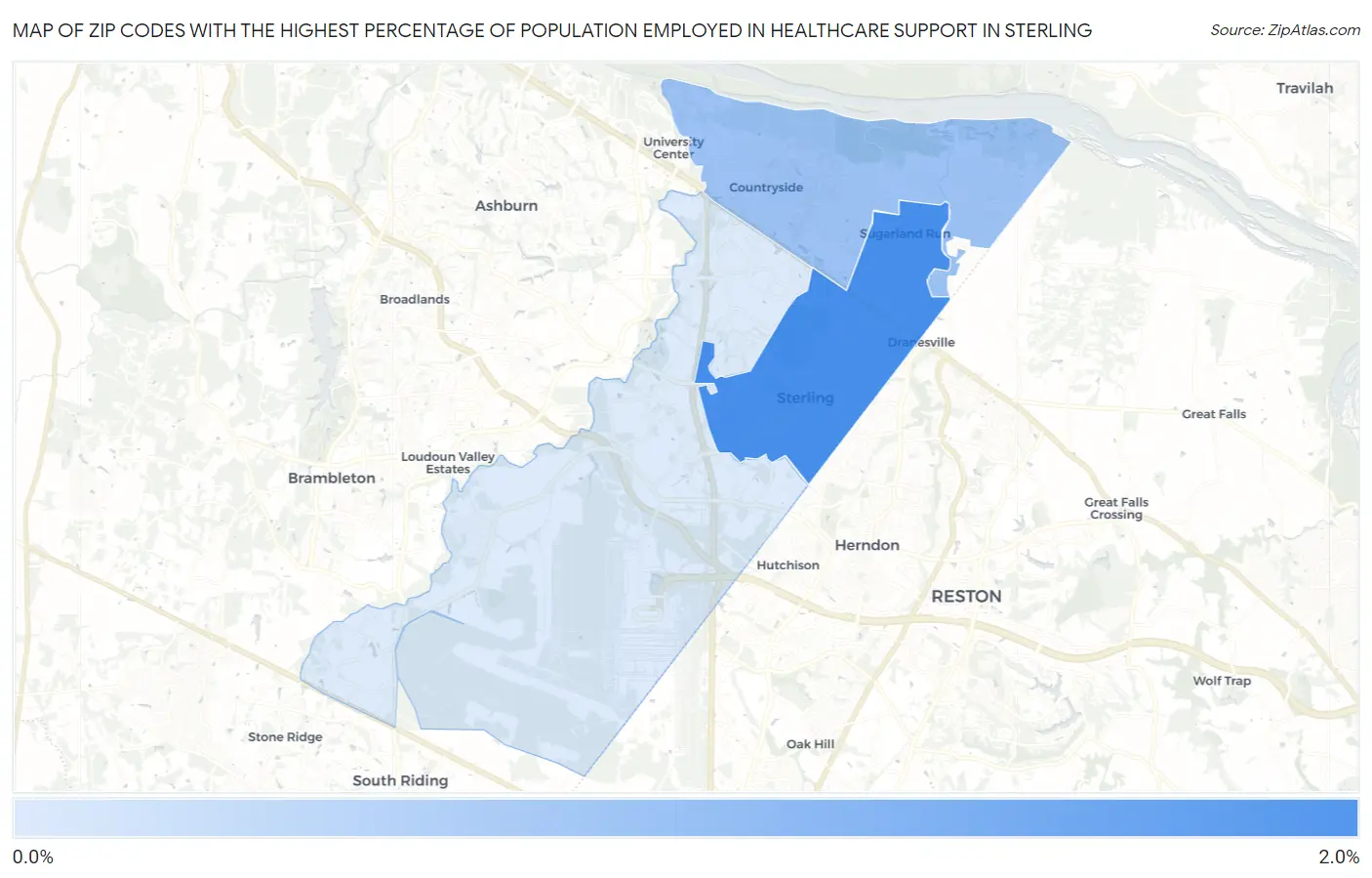 Zip Codes with the Highest Percentage of Population Employed in Healthcare Support in Sterling Map