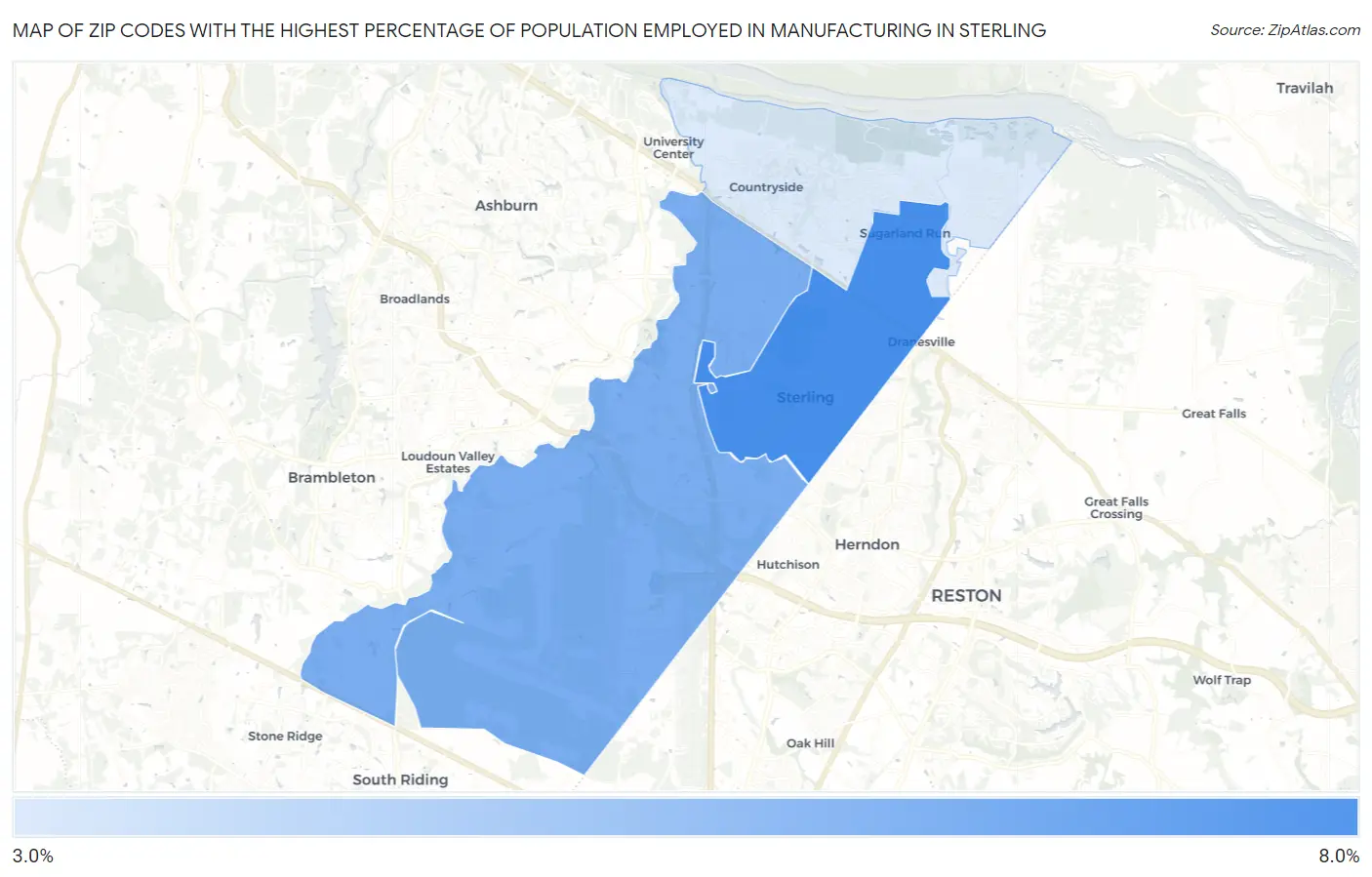 Zip Codes with the Highest Percentage of Population Employed in Manufacturing in Sterling Map