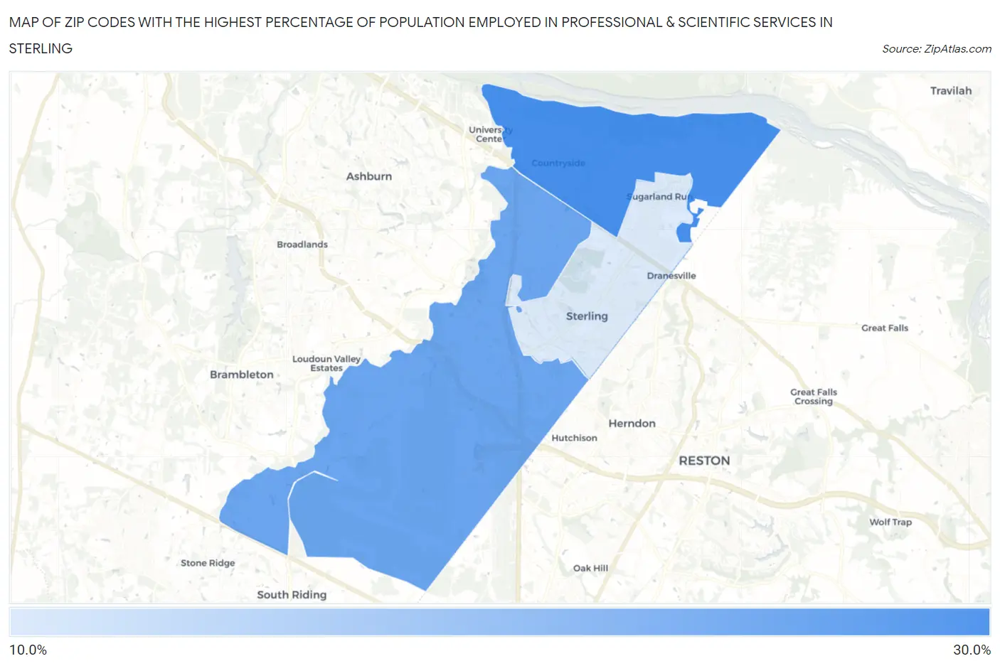 Zip Codes with the Highest Percentage of Population Employed in Professional & Scientific Services in Sterling Map