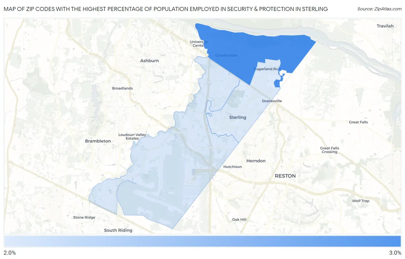 Zip Codes with the Highest Percentage of Population Employed in Security & Protection in Sterling Map