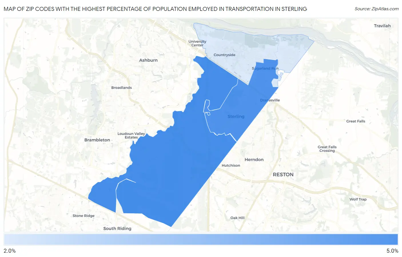Zip Codes with the Highest Percentage of Population Employed in Transportation in Sterling Map