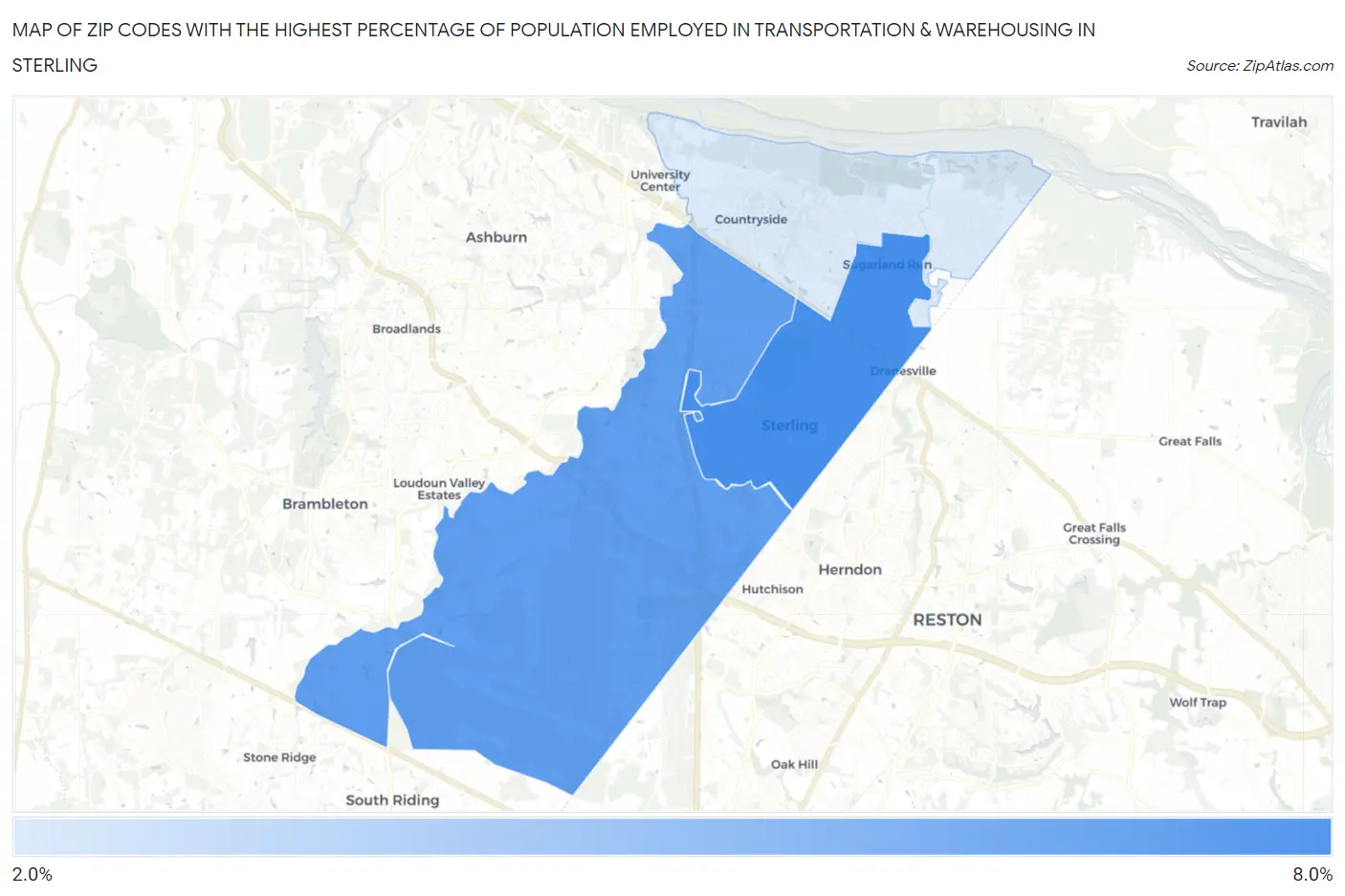 Zip Codes with the Highest Percentage of Population Employed in Transportation & Warehousing in Sterling Map