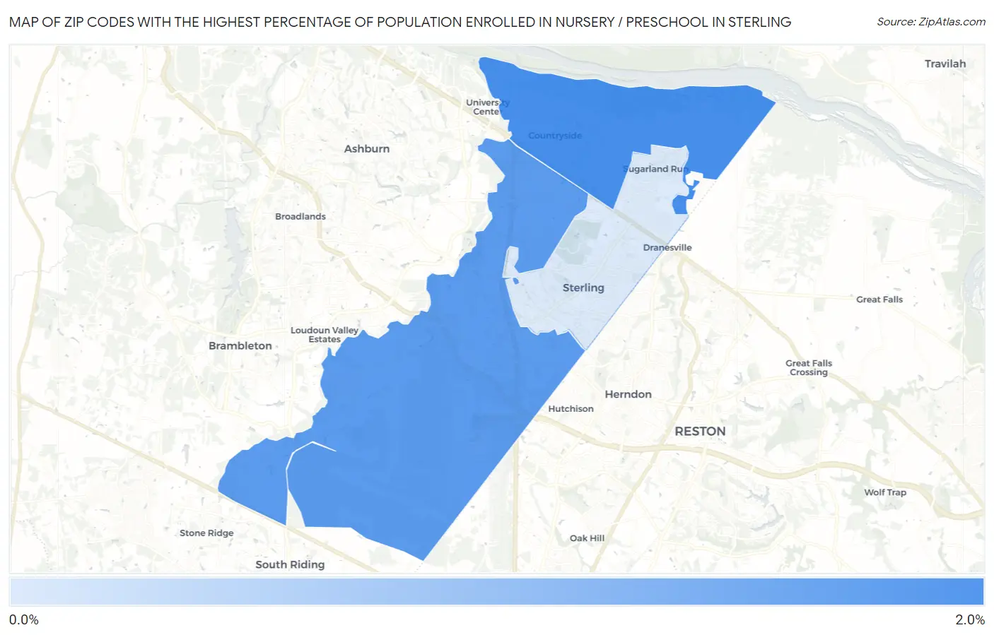 Zip Codes with the Highest Percentage of Population Enrolled in Nursery / Preschool in Sterling Map