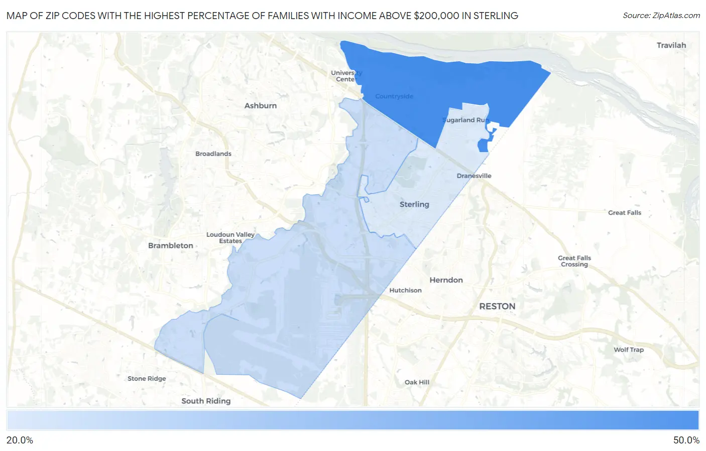 Zip Codes with the Highest Percentage of Families with Income Above $200,000 in Sterling Map