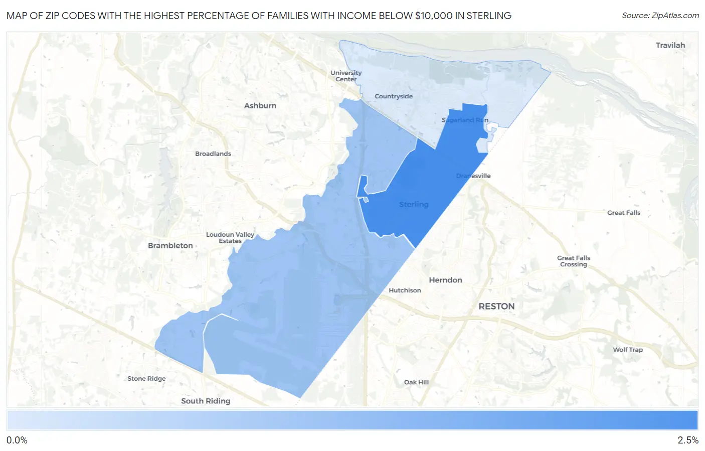 Zip Codes with the Highest Percentage of Families with Income Below $10,000 in Sterling Map