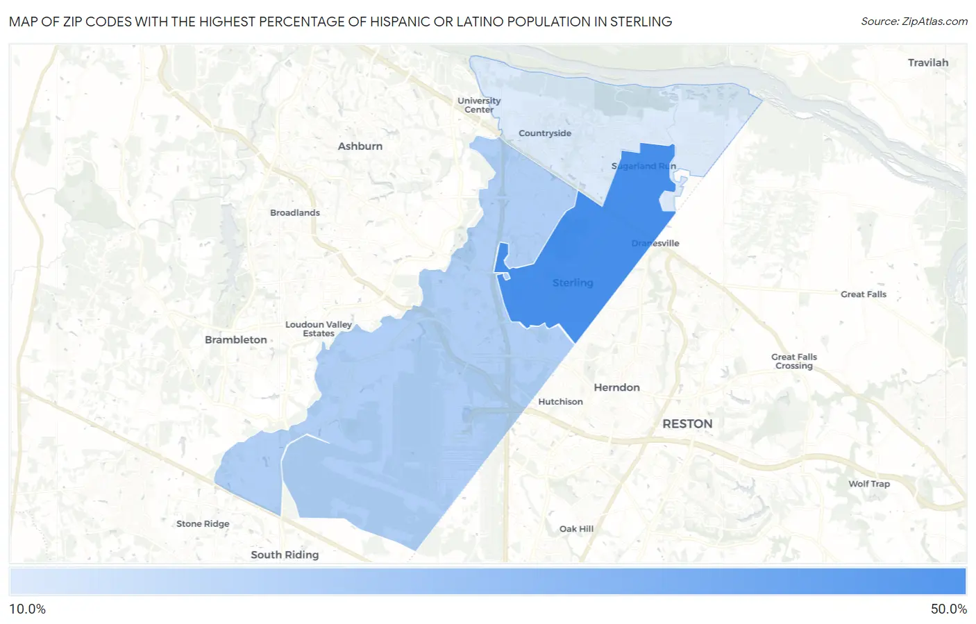 Zip Codes with the Highest Percentage of Hispanic or Latino Population in Sterling Map