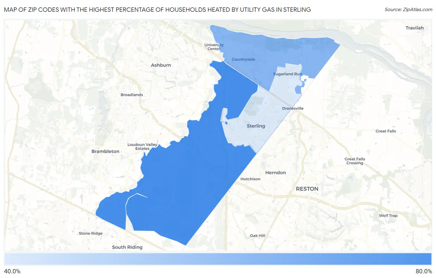 Zip Codes with the Highest Percentage of Households Heated by Utility Gas in Sterling Map