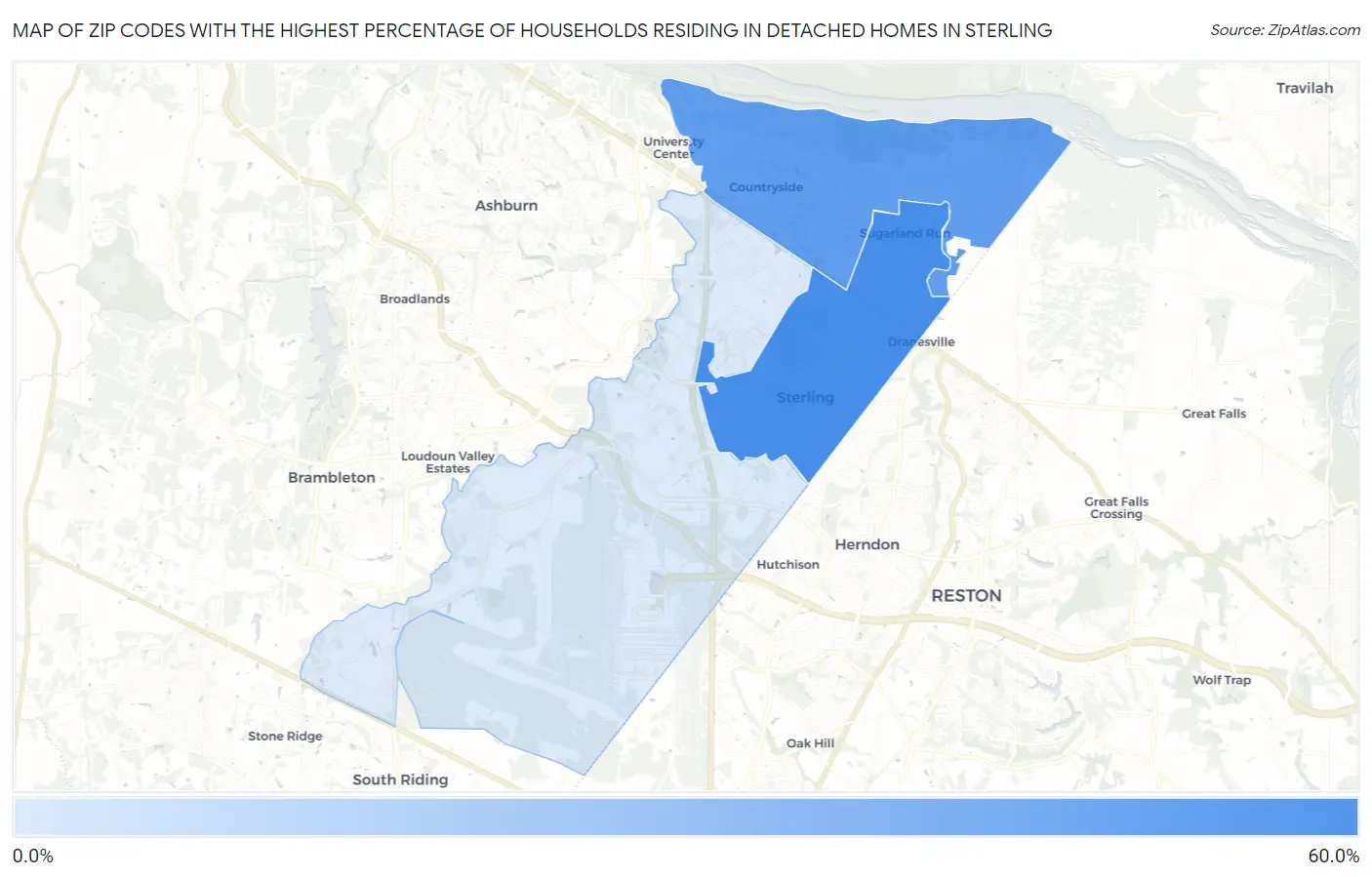 Zip Codes with the Highest Percentage of Households Residing in Detached Homes in Sterling Map