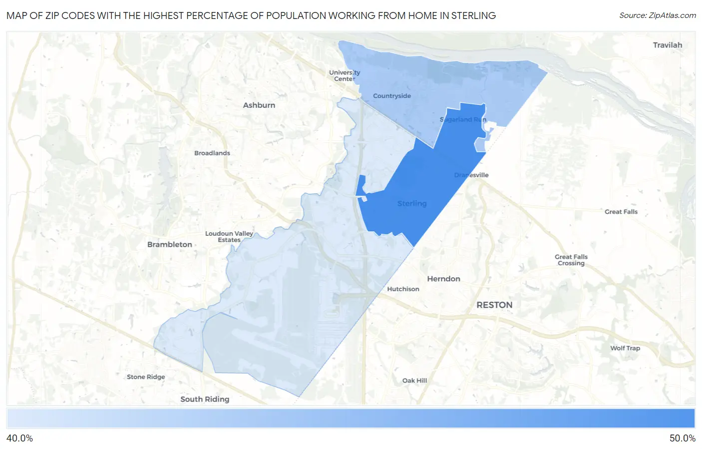 Zip Codes with the Highest Percentage of Population Working from Home in Sterling Map