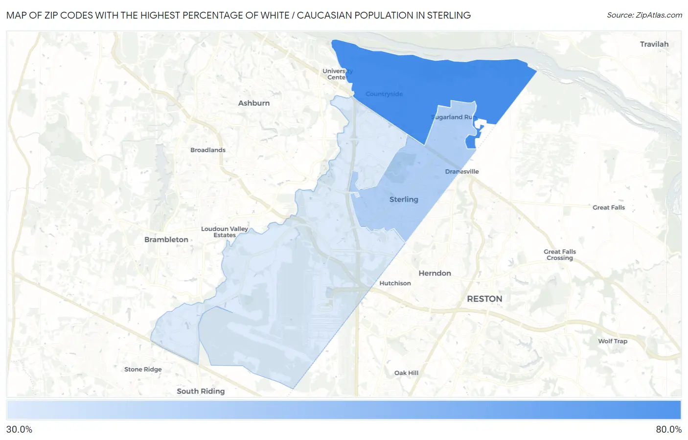 Zip Codes with the Highest Percentage of White / Caucasian Population in Sterling Map