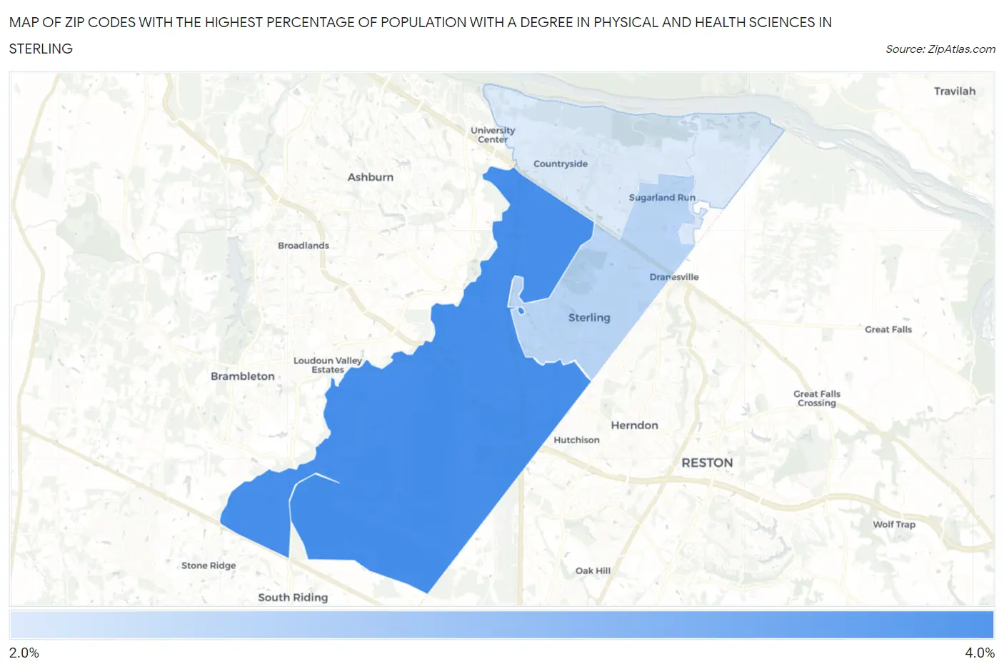 Zip Codes with the Highest Percentage of Population with a Degree in Physical and Health Sciences in Sterling Map