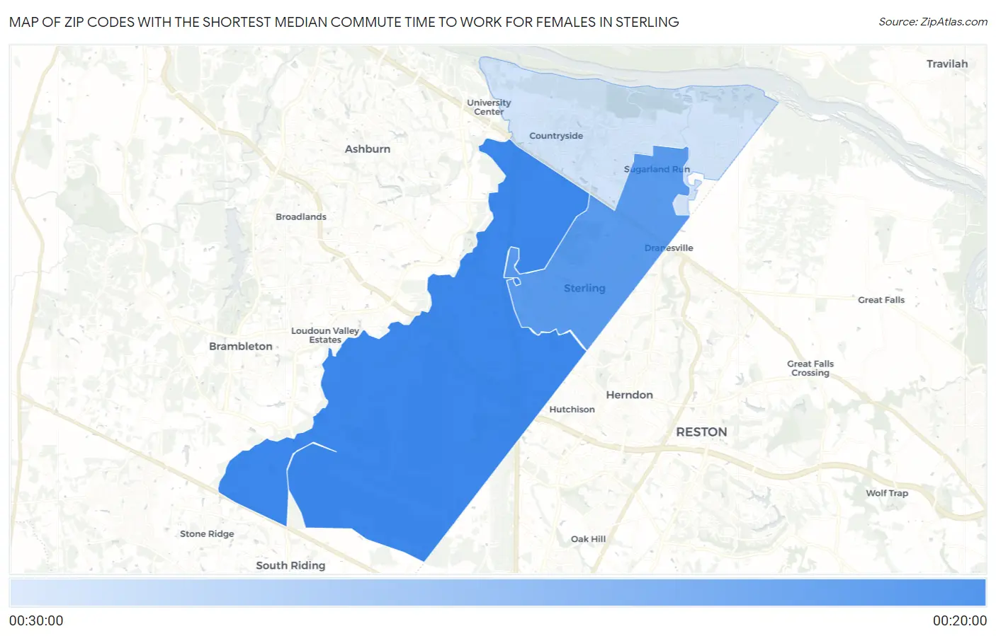 Zip Codes with the Shortest Median Commute Time to Work for Females in Sterling Map