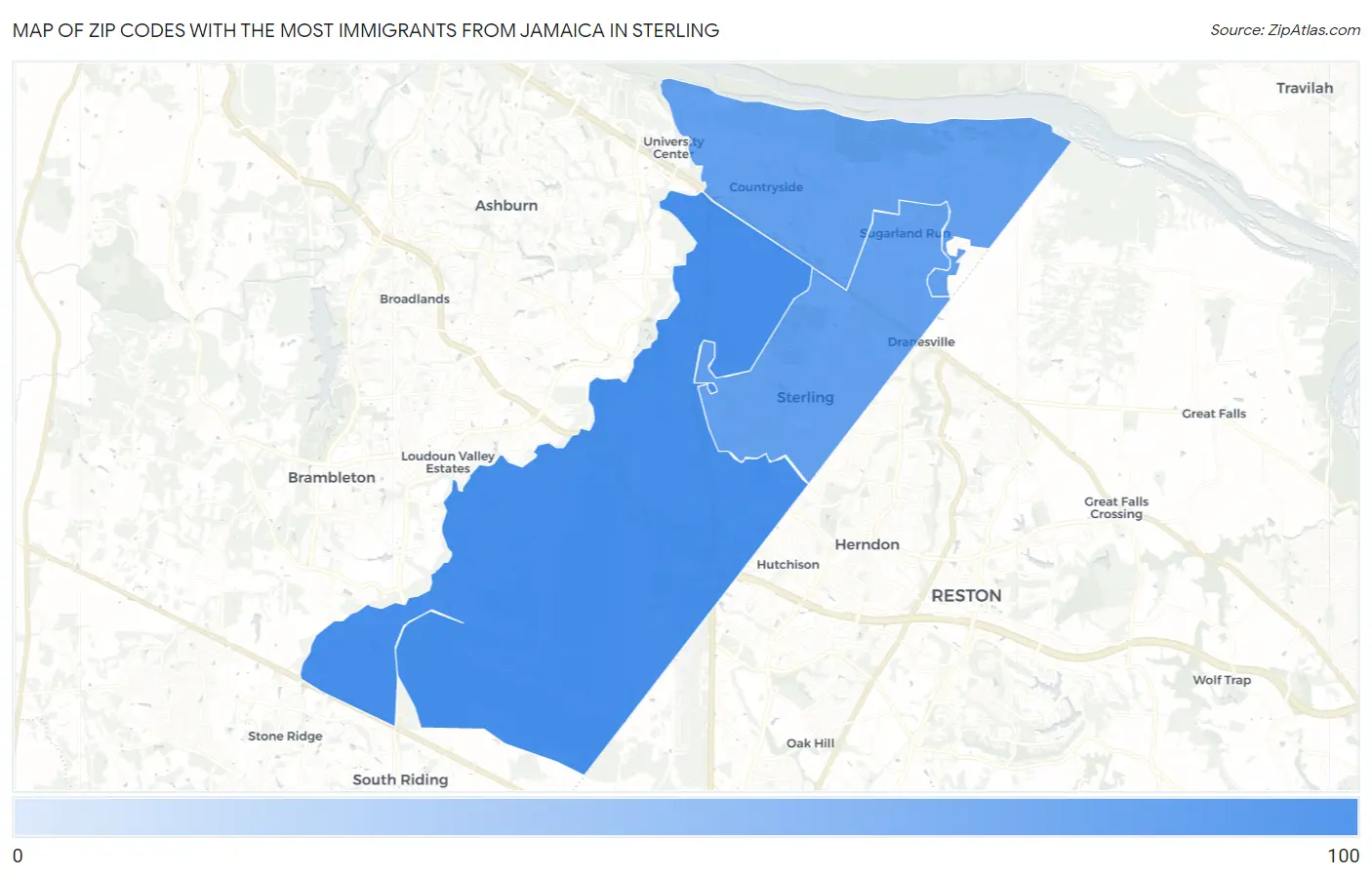 Zip Codes with the Most Immigrants from Jamaica in Sterling Map