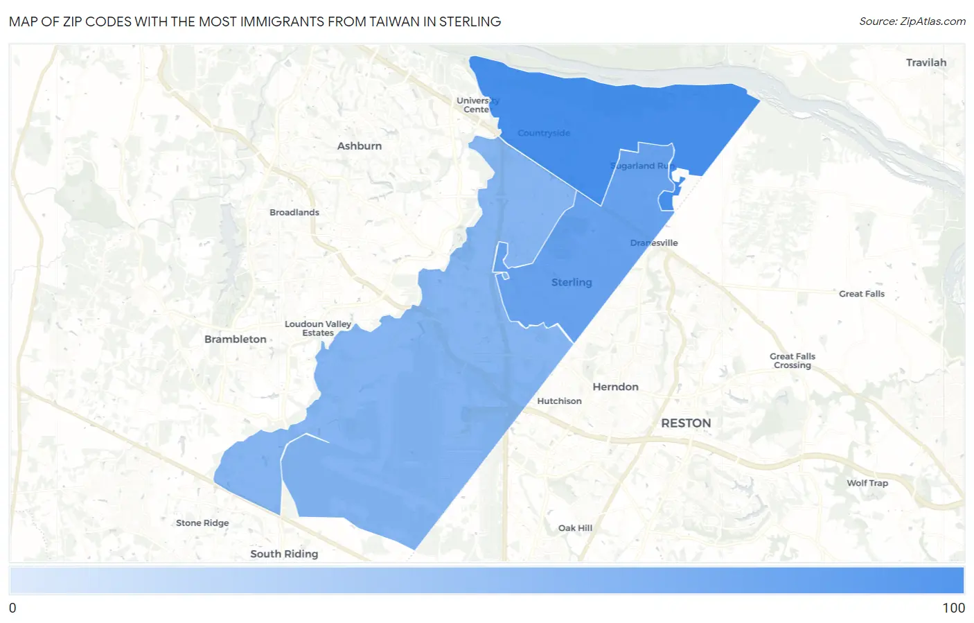 Zip Codes with the Most Immigrants from Taiwan in Sterling Map