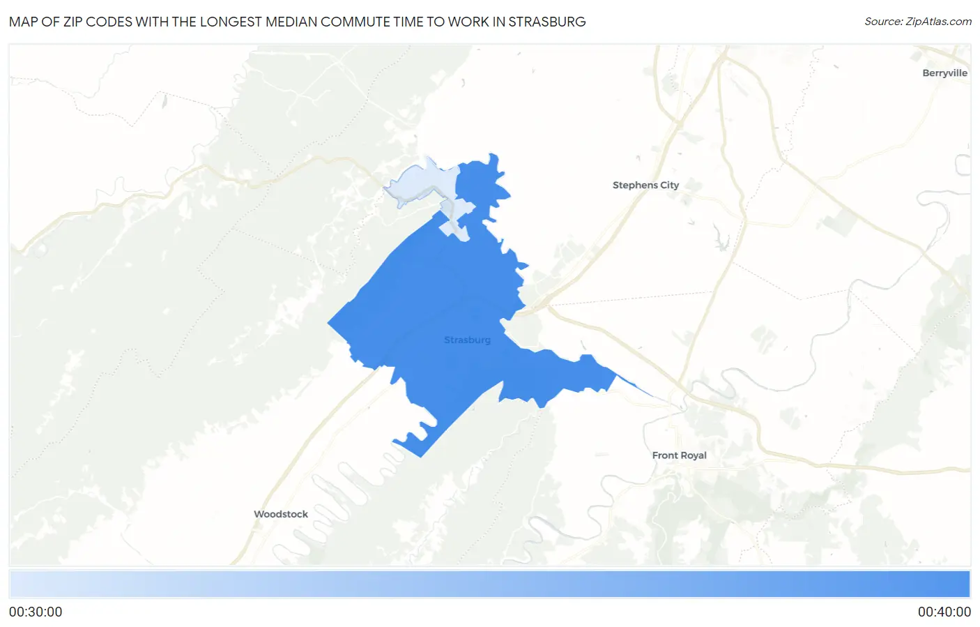 Zip Codes with the Longest Median Commute Time to Work in Strasburg Map