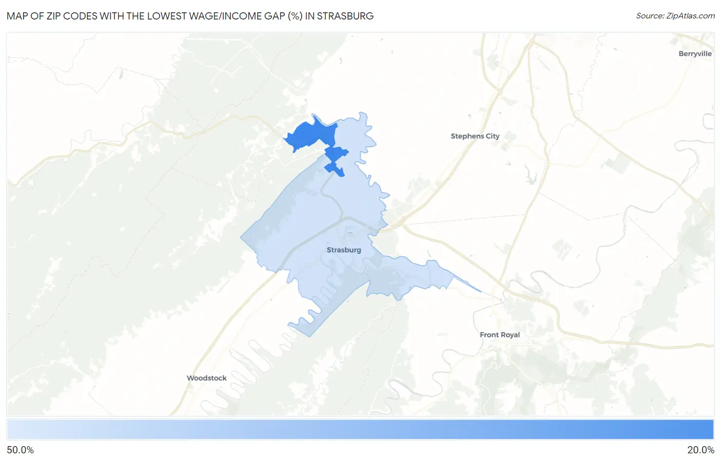 Zip Codes with the Lowest Wage/Income Gap (%) in Strasburg Map