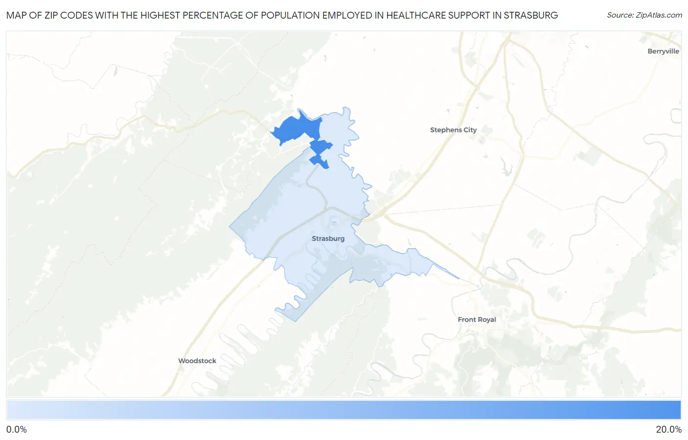 Zip Codes with the Highest Percentage of Population Employed in Healthcare Support in Strasburg Map