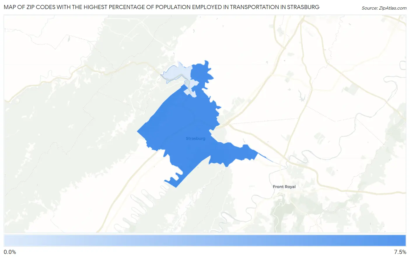 Zip Codes with the Highest Percentage of Population Employed in Transportation in Strasburg Map