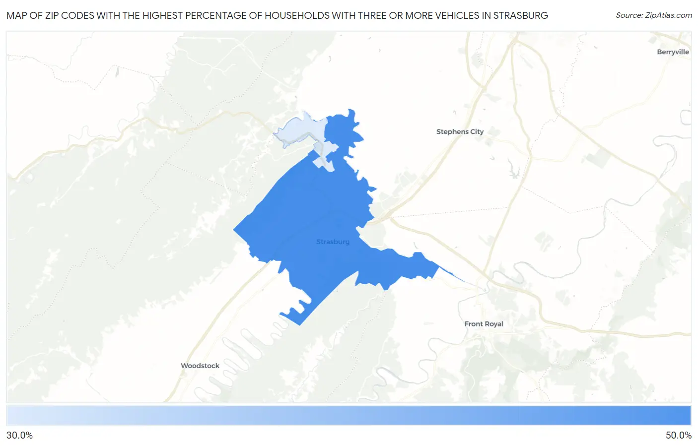 Zip Codes with the Highest Percentage of Households With Three or more Vehicles in Strasburg Map
