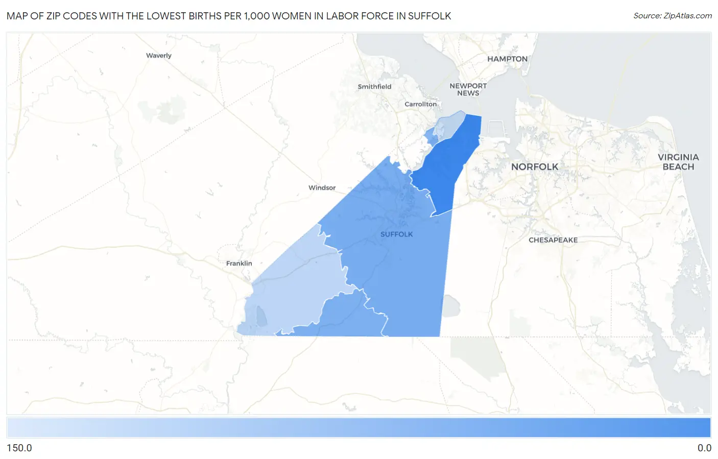 Zip Codes with the Lowest Births per 1,000 Women in Labor Force in Suffolk Map