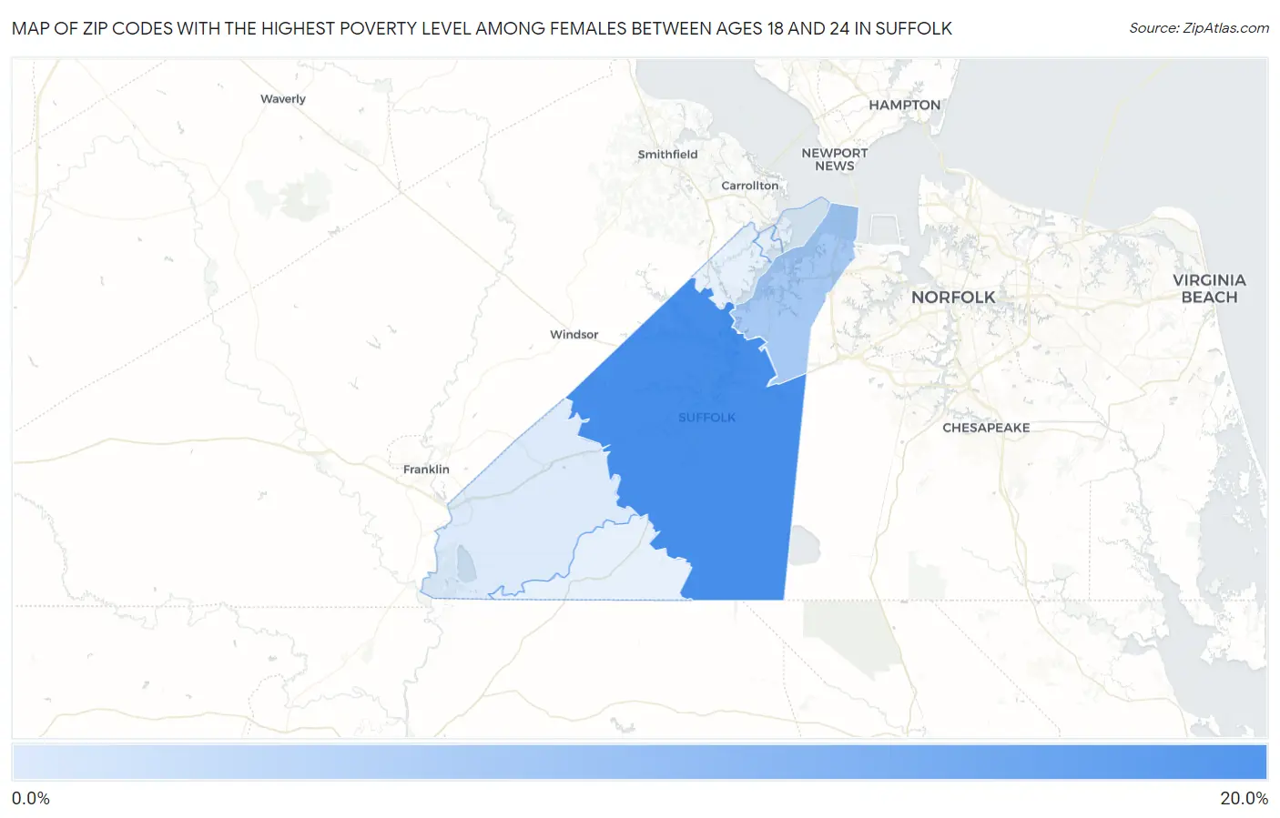 Zip Codes with the Highest Poverty Level Among Females Between Ages 18 and 24 in Suffolk Map
