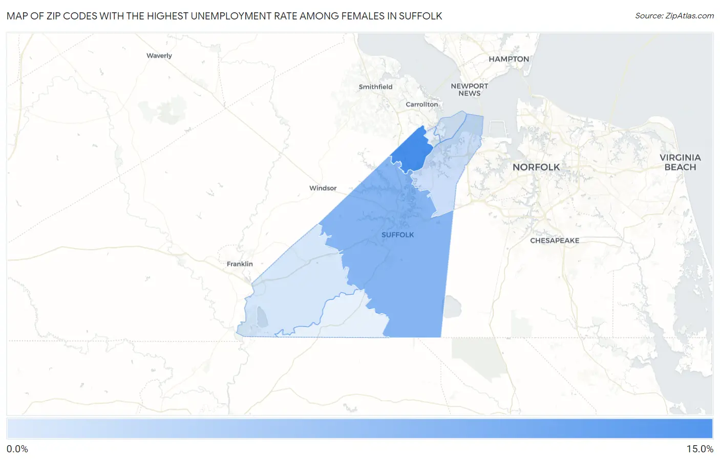 Zip Codes with the Highest Unemployment Rate Among Females in Suffolk Map