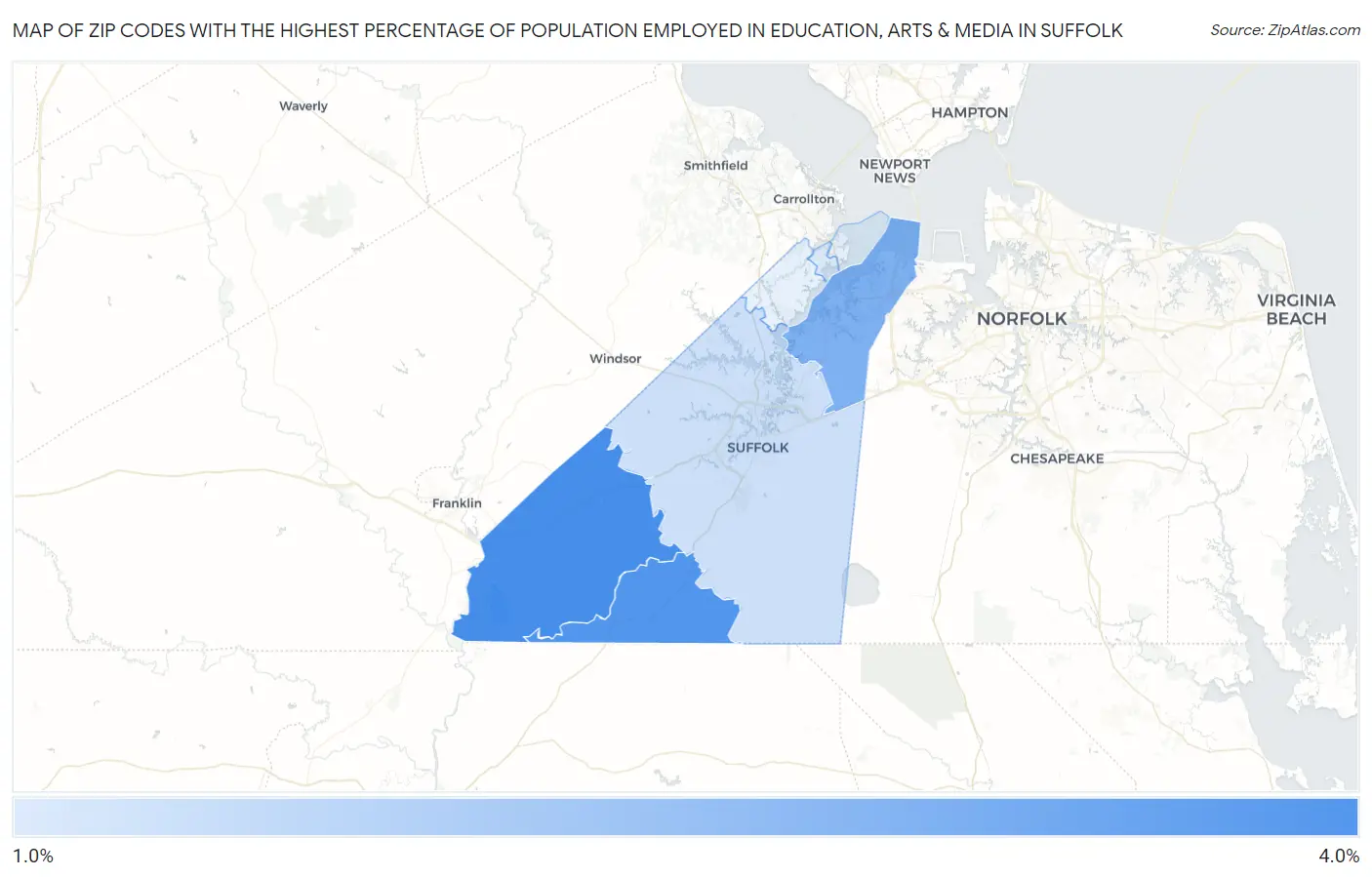 Zip Codes with the Highest Percentage of Population Employed in Education, Arts & Media in Suffolk Map