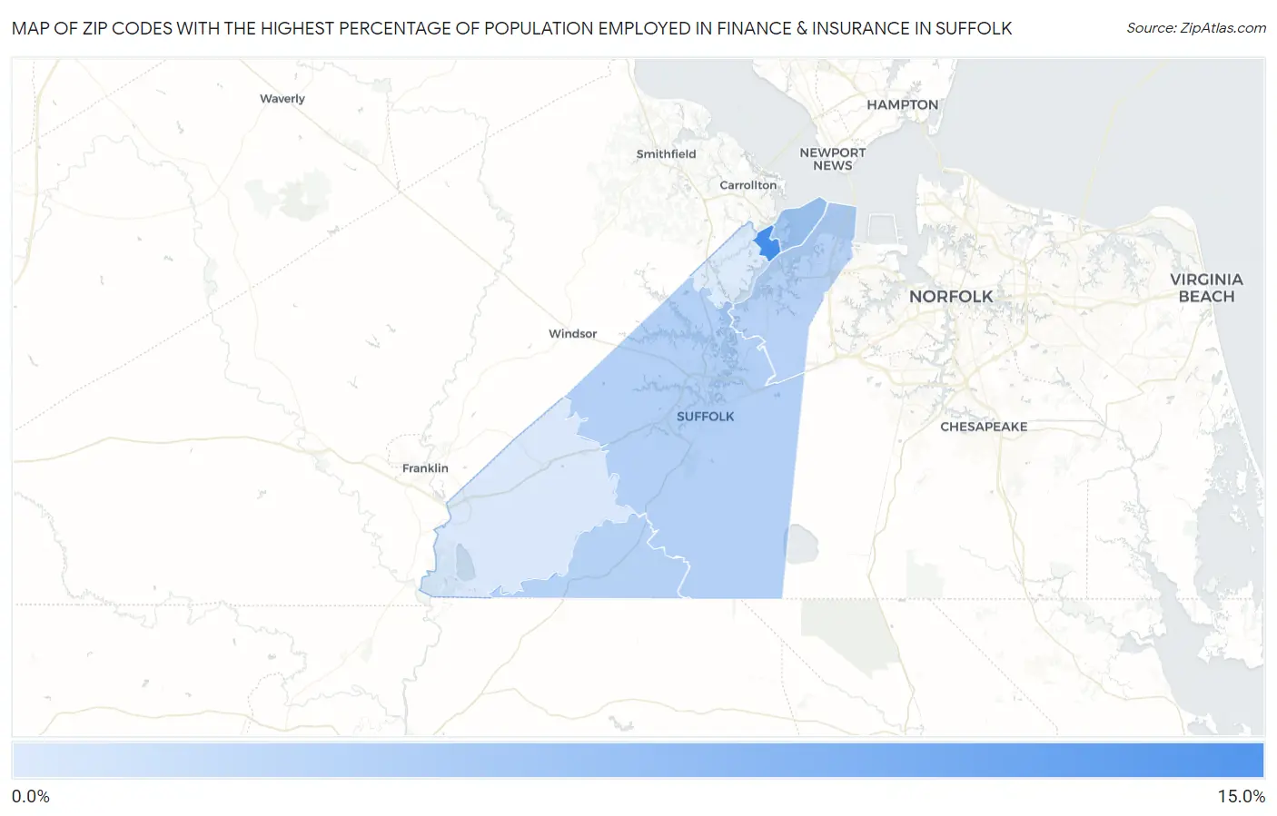 Zip Codes with the Highest Percentage of Population Employed in Finance & Insurance in Suffolk Map