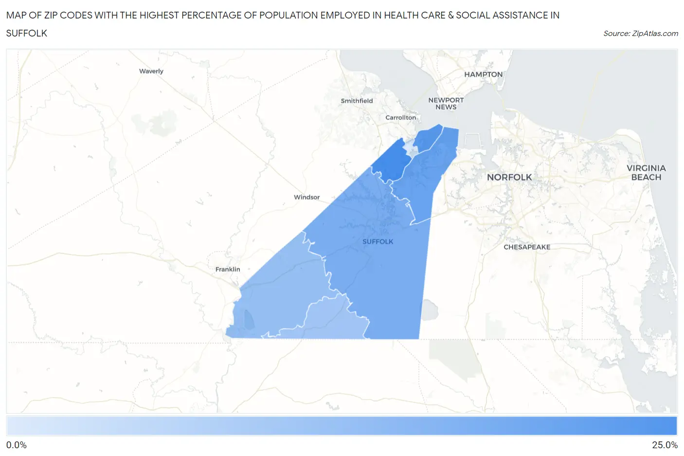 Zip Codes with the Highest Percentage of Population Employed in Health Care & Social Assistance in Suffolk Map